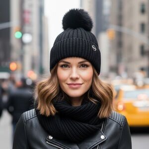 MICHAEL KORS | NWT | Faux Fur Pom-Pom Toque | Black | Silver Logo